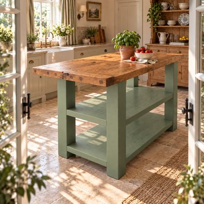 DUNSMERE Light Green Kitchen Island With Overhang / Breakfast Bar / Rustic Island