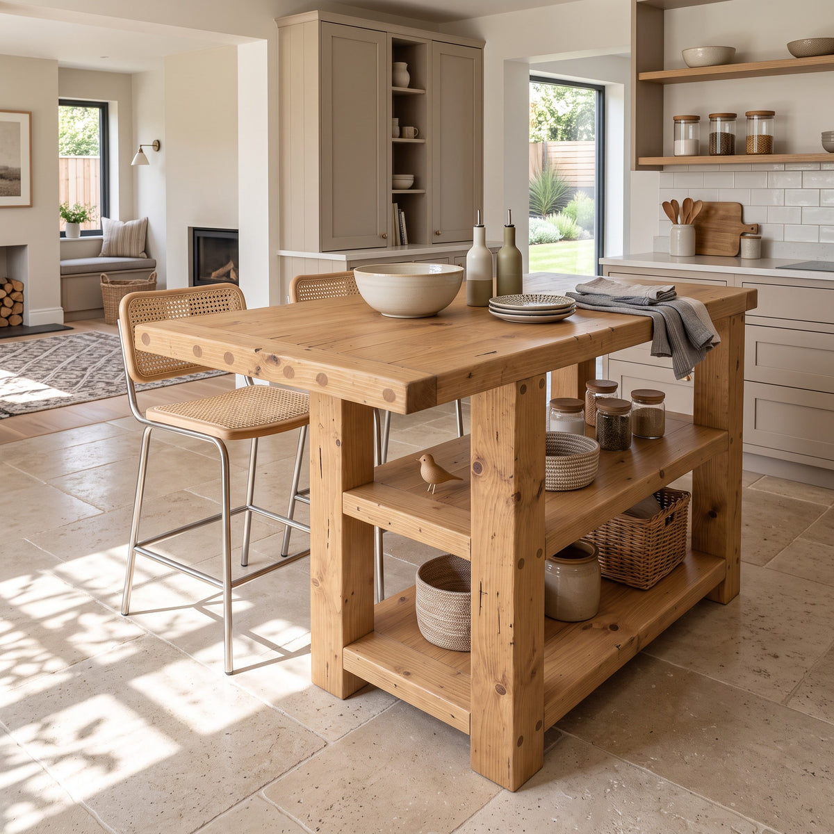 DUNSMERE Light Oak Kitchen Island With Overhang / Breakfast Bar / Rustic Island