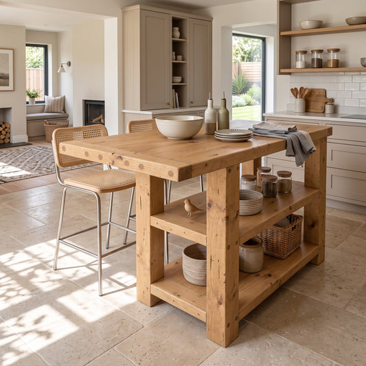 DUNSMERE Light Oak Kitchen Island With Overhang / Breakfast Bar / Rustic Island