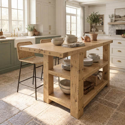 DUNSMERE Light Oak Kitchen Island With Overhang / Breakfast Bar / Rustic Island