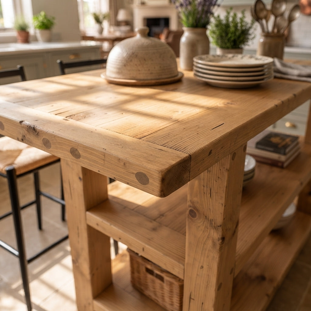 DUNSMERE Light Oak Kitchen Island With Overhang / Breakfast Bar / Rustic Island