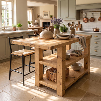 DUNSMERE Light Oak Kitchen Island With Overhang / Breakfast Bar / Rustic Island