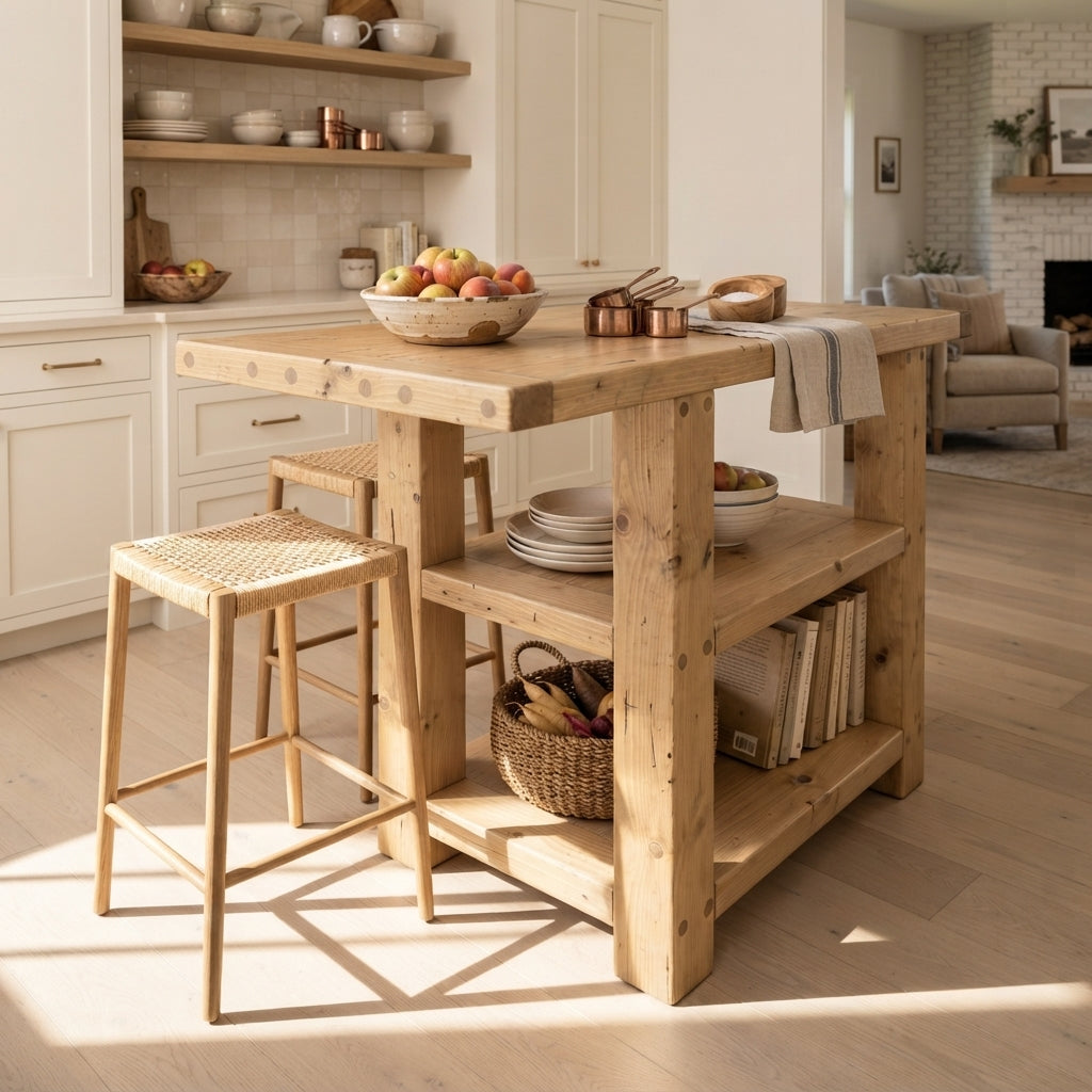 DUNSMERE Light Oak Kitchen Island With Overhang / Breakfast Bar / Rustic Island