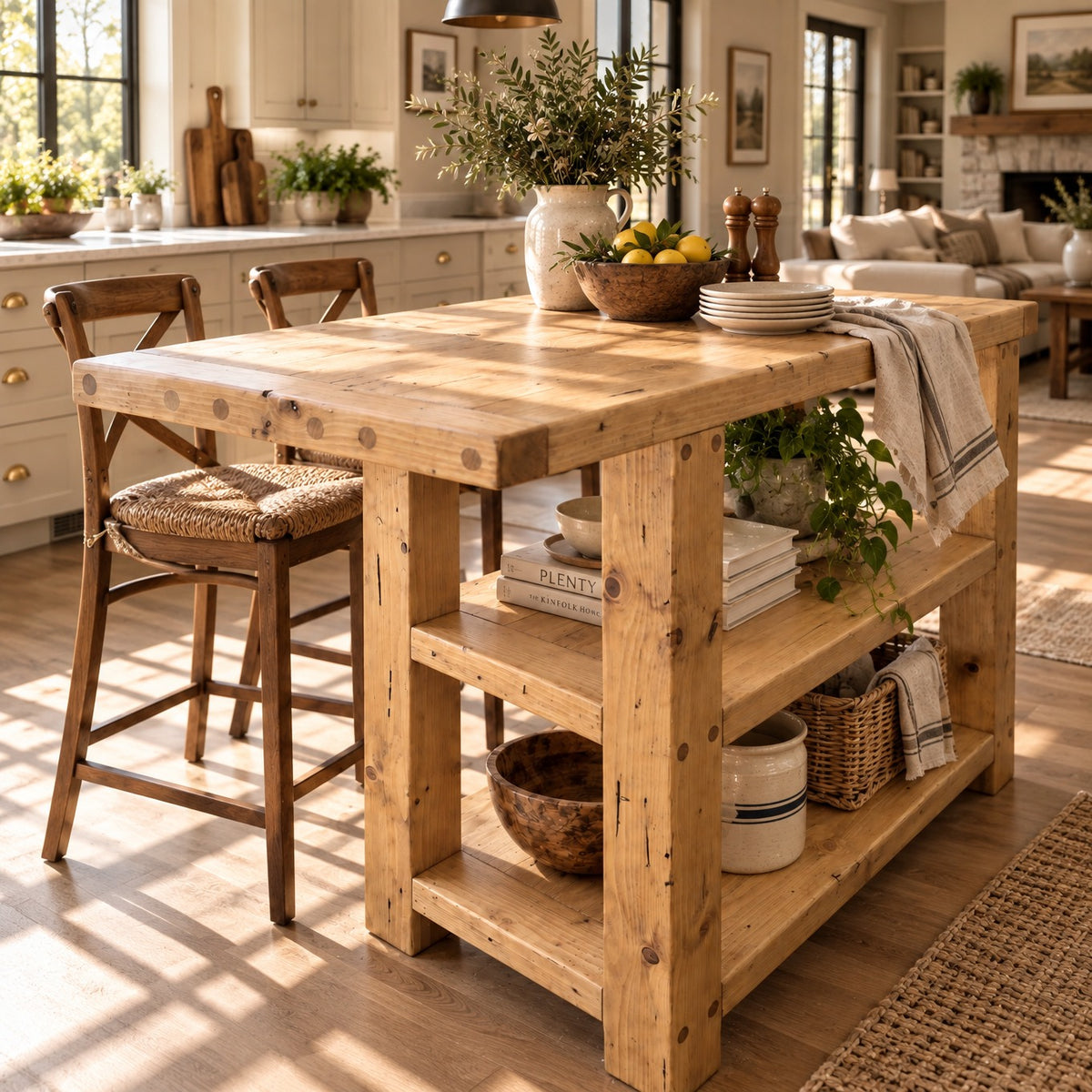 DUNSMERE Light Oak Kitchen Island With Overhang / Breakfast Bar / Rustic Island