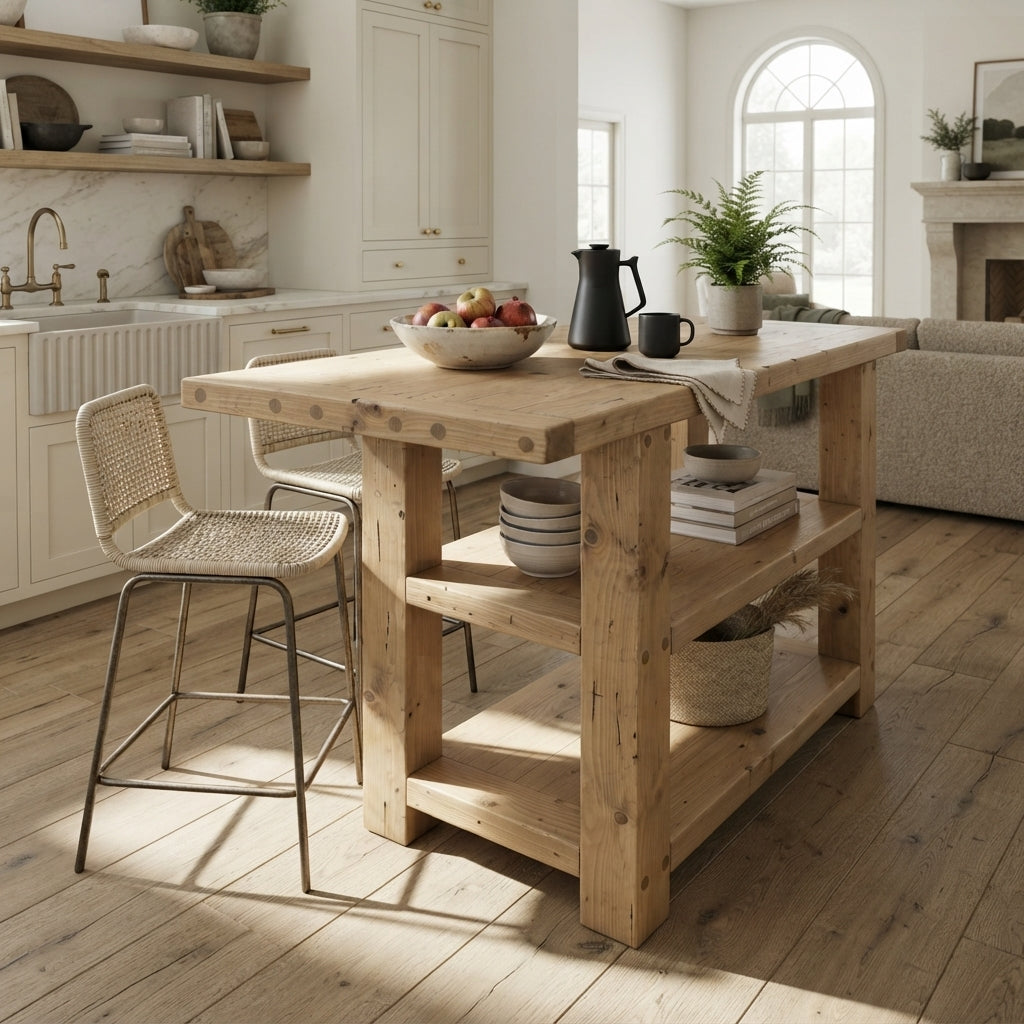 DUNSMERE Light Oak Kitchen Island With Overhang / Breakfast Bar / Rustic Island