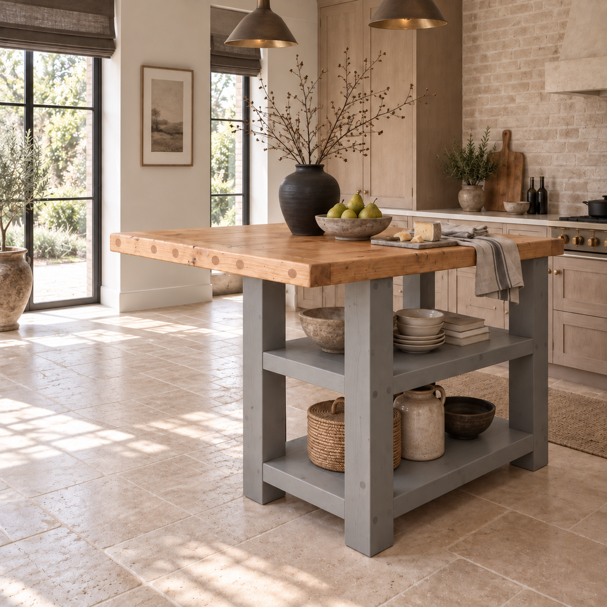 DUNSMERE Medium Grey Kitchen Island With Overhang / Breakfast Bar / Rustic Island