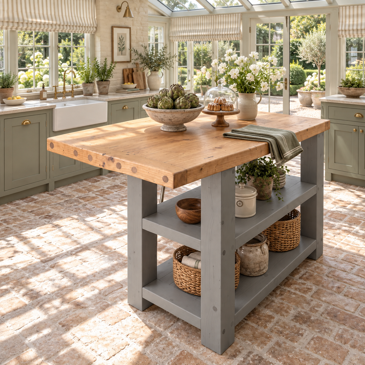 DUNSMERE Medium Grey Kitchen Island With Overhang / Breakfast Bar / Rustic Island
