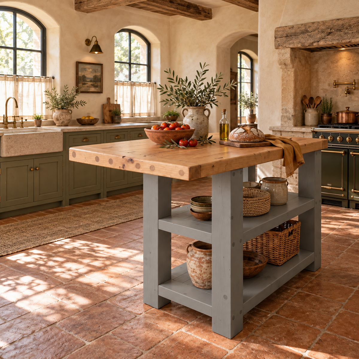 DUNSMERE Medium Grey Kitchen Island With Overhang / Breakfast Bar / Rustic Island