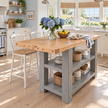 DUNSMERE Medium Grey Kitchen Island With Overhang / Breakfast Bar / Rustic Island