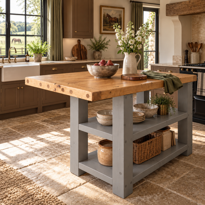 DUNSMERE Medium Grey Kitchen Island With Overhang / Breakfast Bar / Rustic Island
