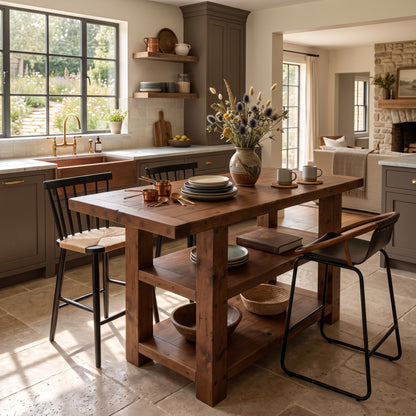 DUNSMERE Walnut Kitchen Island With Overhang / Breakfast Bar / Rustic Island