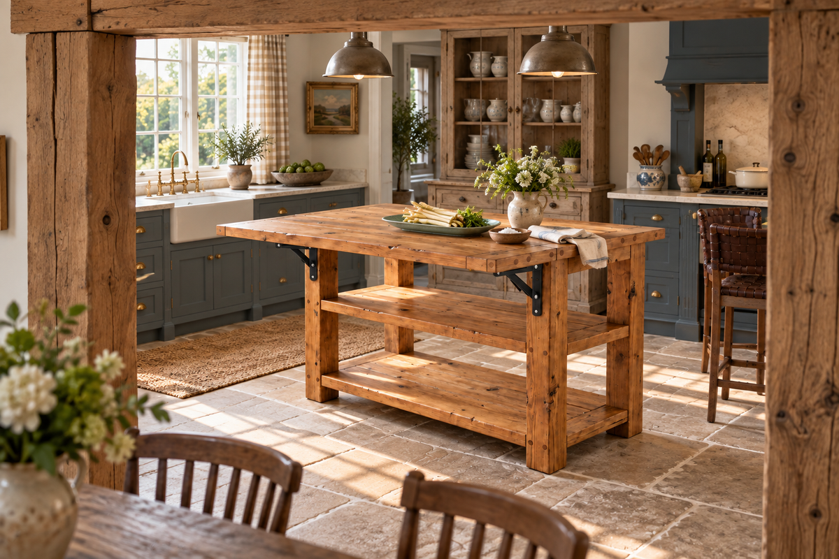 EVERMONT Extendable Kitchen Island With Foldable Table / Extandable Breakfast Bar / Rustic Island