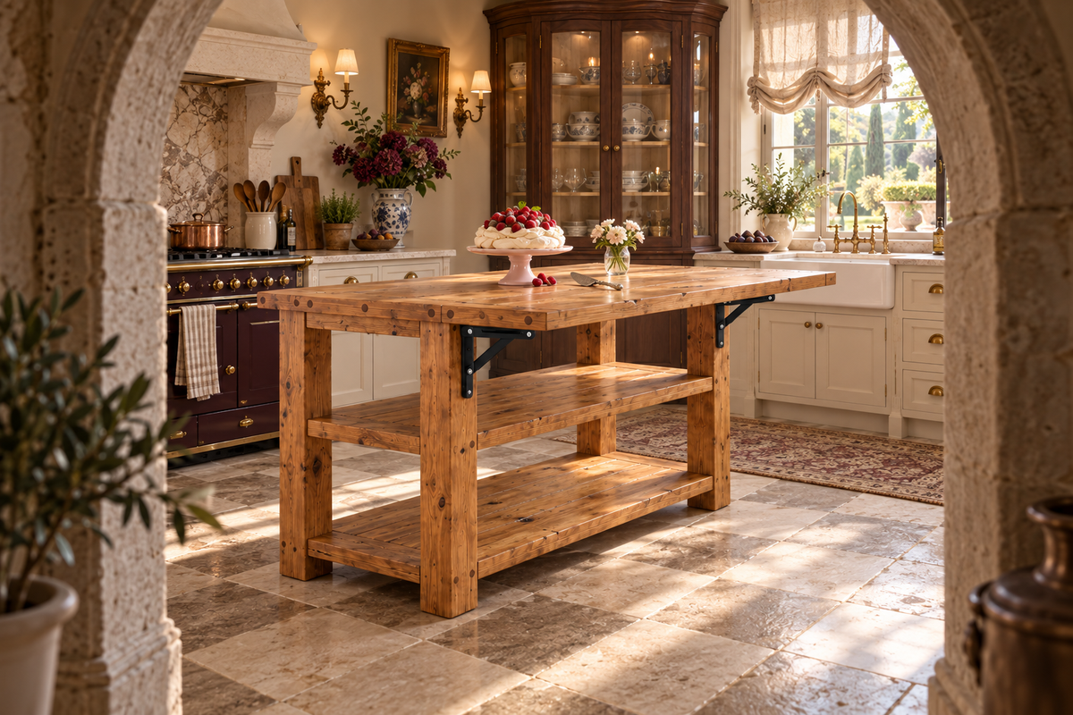 EVERMONT Extendable Kitchen Island With Foldable Table / Extandable Breakfast Bar / Rustic Island
