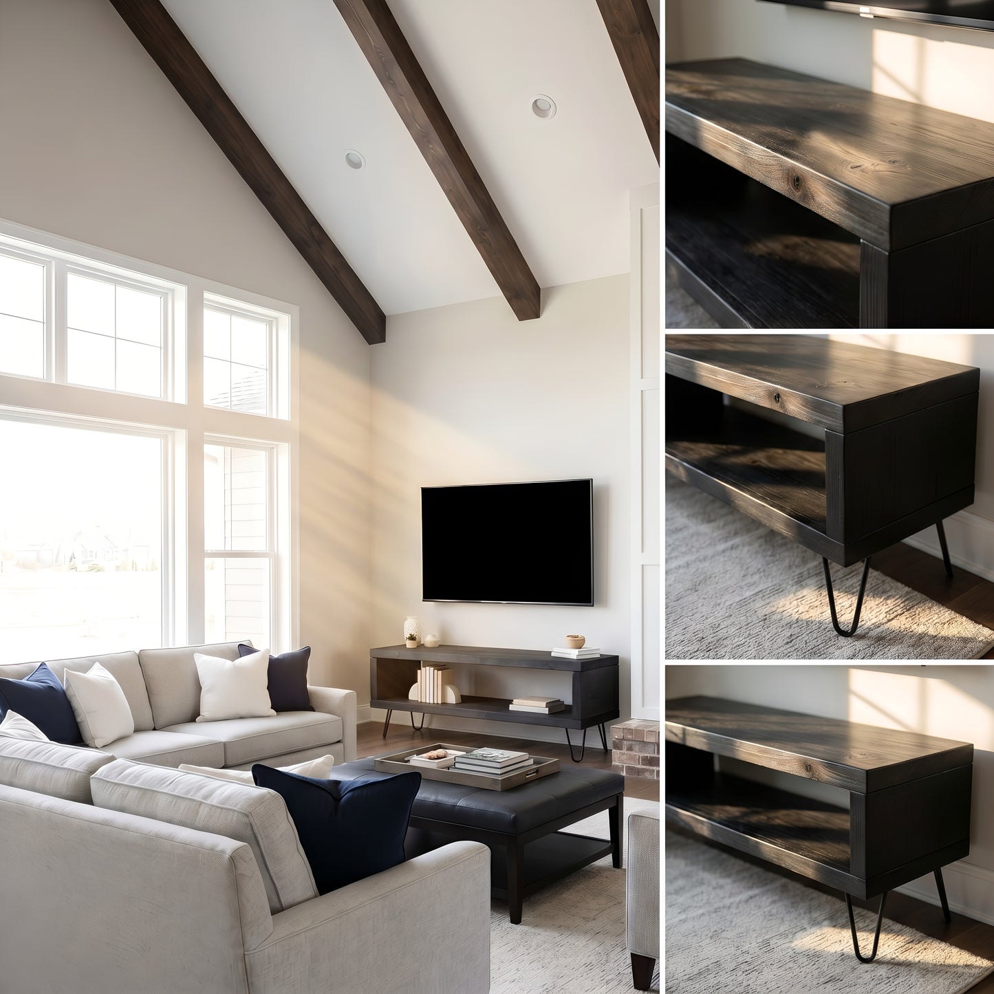 Solid Wood Chunky TV Unit With 8 inch Metal Legs Black Waxed Ebony