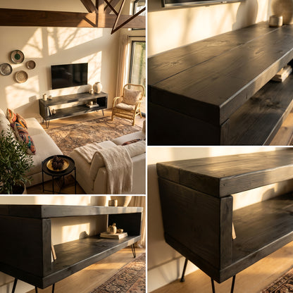 Solid Wood Chunky TV Unit With 8 inch Metal Legs Black Waxed Ebony