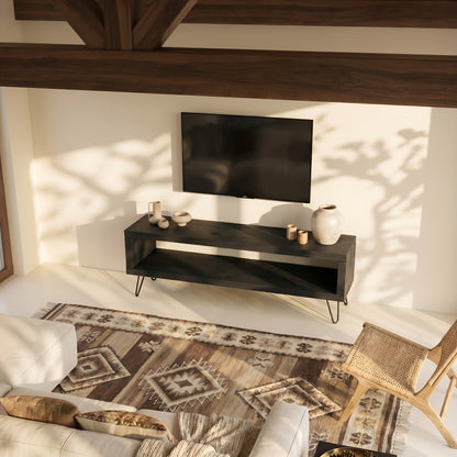 Solid Wood Chunky TV Unit With 8 inch Metal Legs Black Waxed Ebony