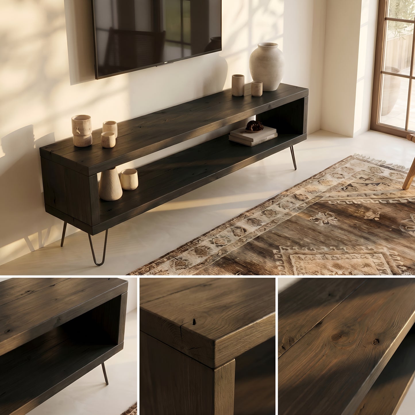 Solid Wood Chunky TV Unit With 8 inch Metal Legs Black Waxed Ebony