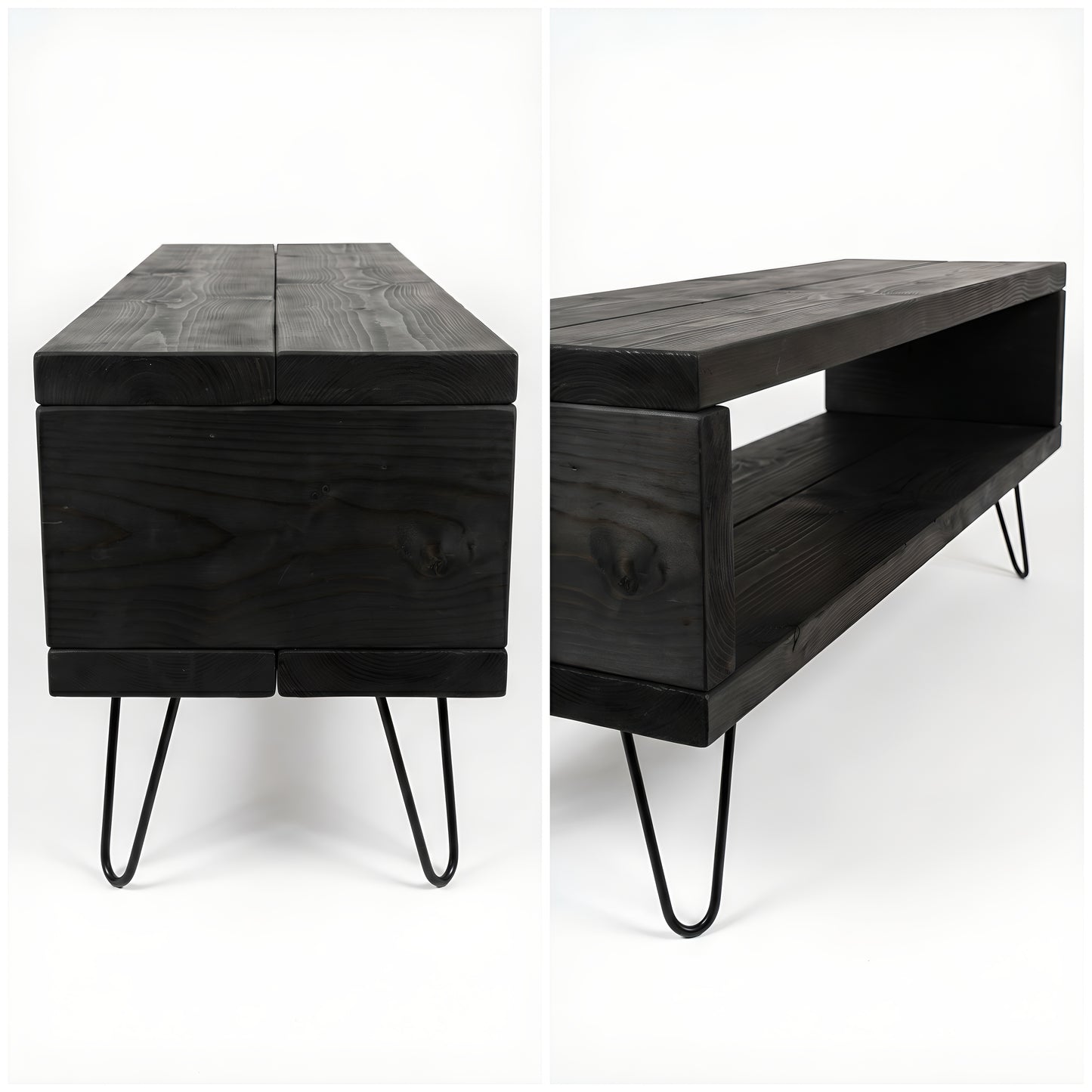 Solid Wood Chunky TV Unit With 8 inch Metal Legs Black Waxed Ebony