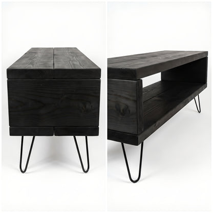 Solid Wood Chunky TV Unit With 8 inch Metal Legs Black Waxed Ebony