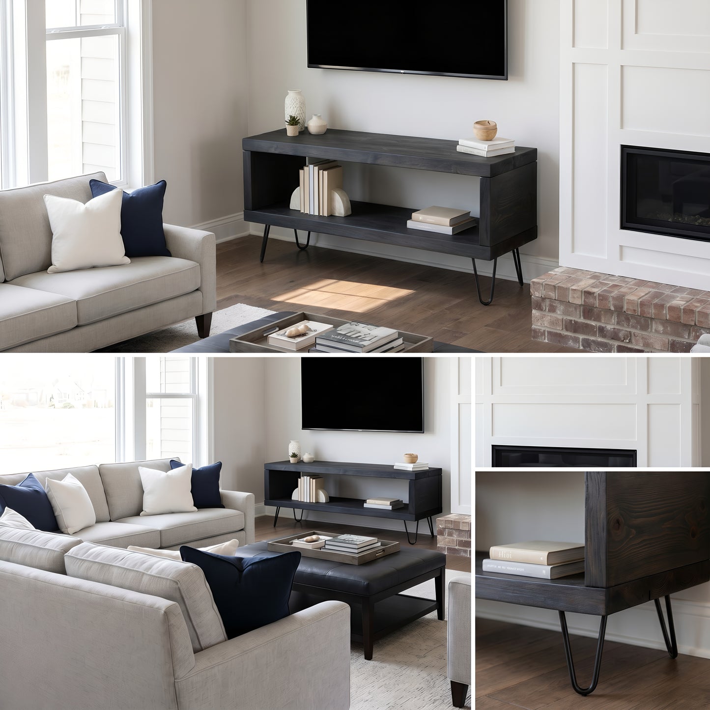 Solid Wood Chunky TV Unit With 8 inch Metal Legs Black Waxed Ebony