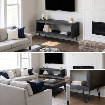 Solid Wood Chunky TV Unit With 8 inch Metal Legs Black Waxed Ebony