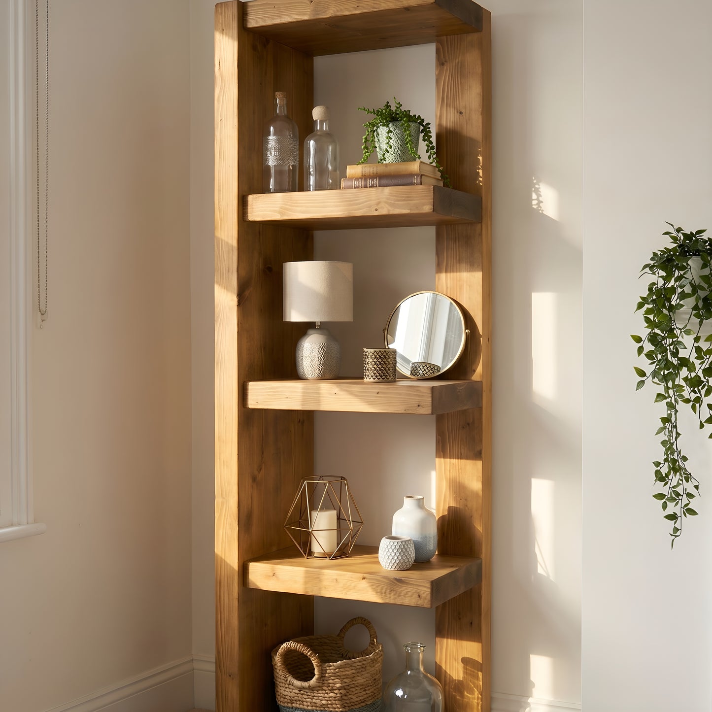 Ely Solid Wood Corner Bookshelf – Open Bookcase, Rustic Scandinavian Design