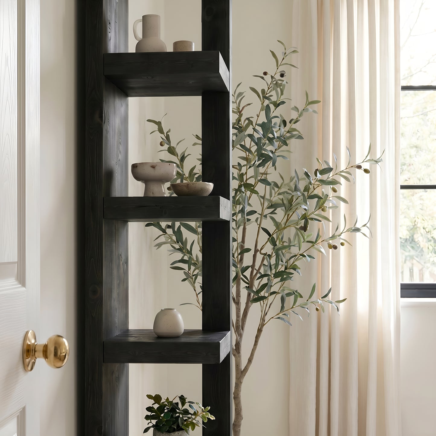 Ely Ebony Solid Wood Corner Bookshelf – Open Bookcase, Rustic Scandinavian Design