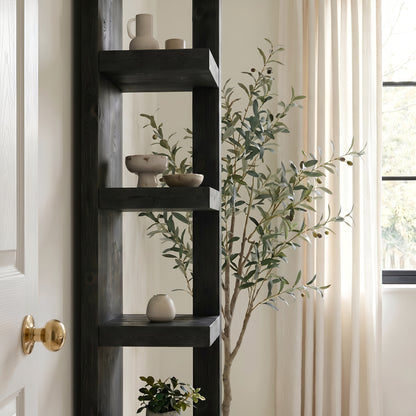 Ely Ebony Solid Wood Corner Bookshelf – Open Bookcase, Rustic Scandinavian Design