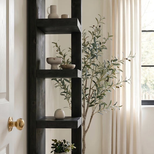 Ely Ebony Solid Wood Corner Bookshelf – Open Bookcase, Rustic Scandinavian Design