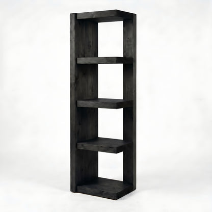 Ely Ebony Solid Wood Corner Bookshelf – Open Bookcase, Rustic Scandinavian Design