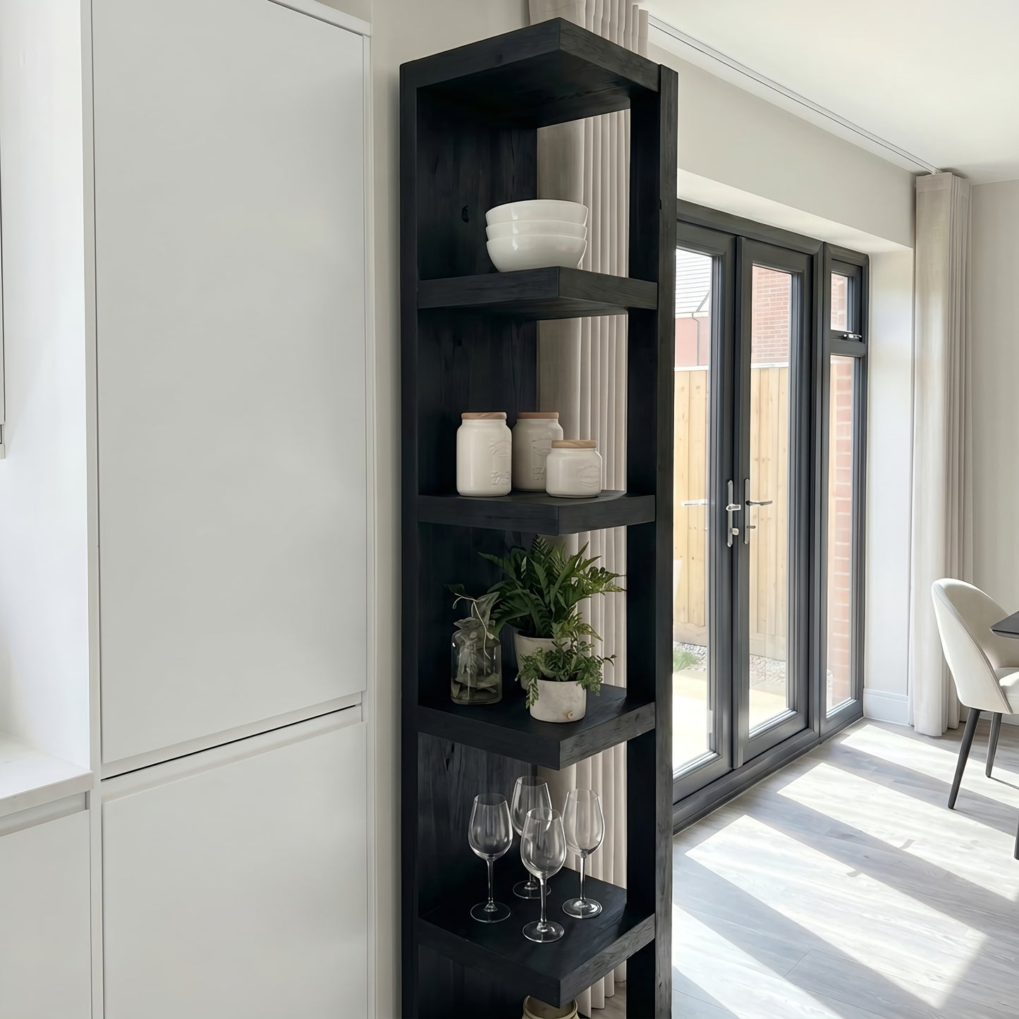 Ely Ebony Solid Wood Corner Bookshelf – Open Bookcase, Rustic Scandinavian Design