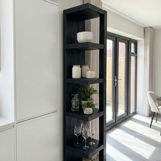 Ely Ebony Solid Wood Corner Bookshelf – Open Bookcase, Rustic Scandinavian Design