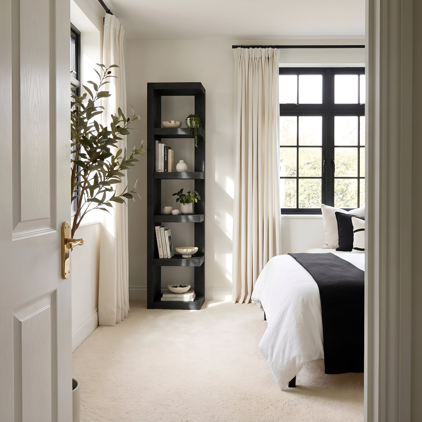 Ely Ebony Solid Wood Corner Bookshelf – Open Bookcase, Rustic Scandinavian Design