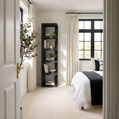 Ely Ebony Solid Wood Corner Bookshelf – Open Bookcase, Rustic Scandinavian Design