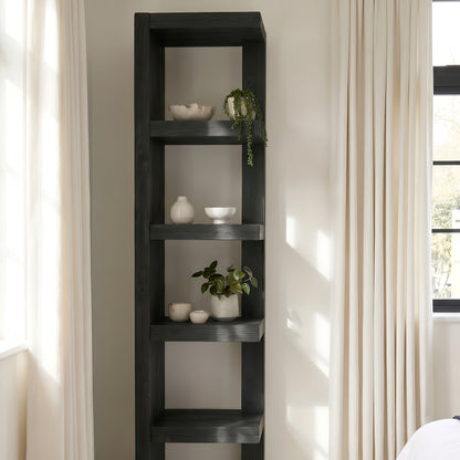 Ely Ebony Solid Wood Corner Bookshelf – Open Bookcase, Rustic Scandinavian Design