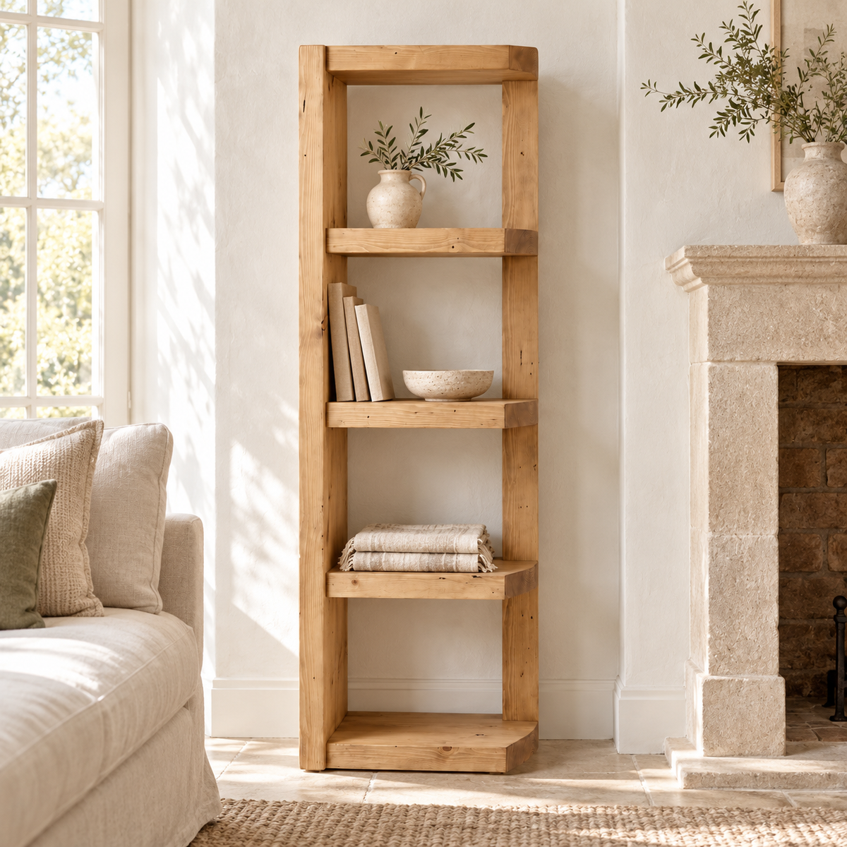 Ely Light Oak Colour Solid Wood Corner Bookshelf – Open Bookcase, Rustic Scandinavian Design