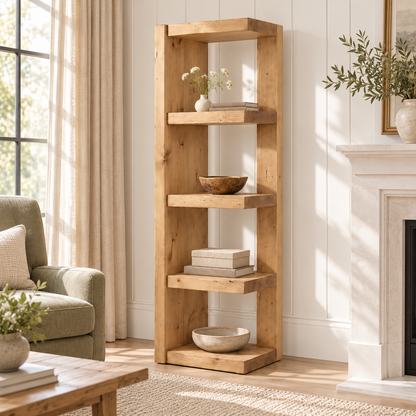Ely Light Oak Colour Solid Wood Corner Bookshelf – Open Bookcase, Rustic Scandinavian Design