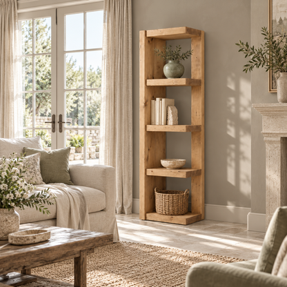 Ely Light Oak Colour Solid Wood Corner Bookshelf – Open Bookcase, Rustic Scandinavian Design