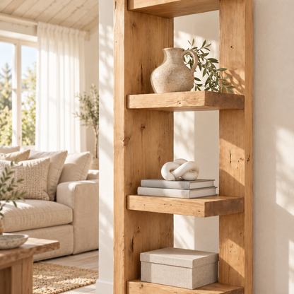 Ely Light Oak Colour Solid Wood Corner Bookshelf – Open Bookcase, Rustic Scandinavian Design