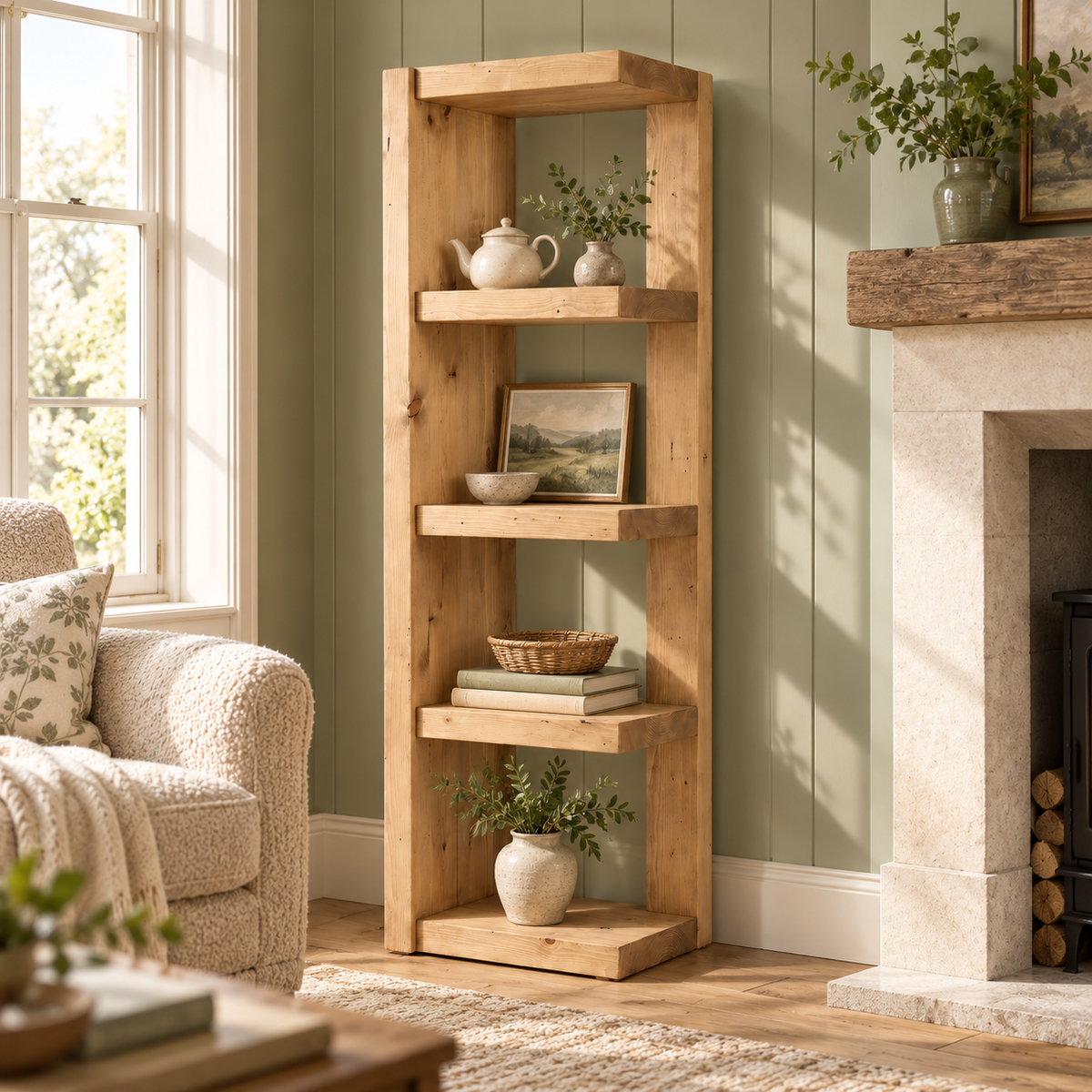 Ely Light Oak Colour Solid Wood Corner Bookshelf – Open Bookcase, Rustic Scandinavian Design