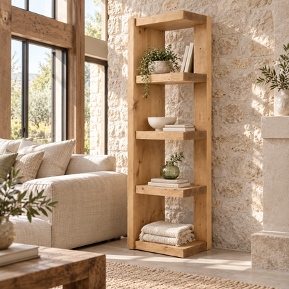 Ely Light Oak Colour Solid Wood Corner Bookshelf – Open Bookcase, Rustic Scandinavian Design