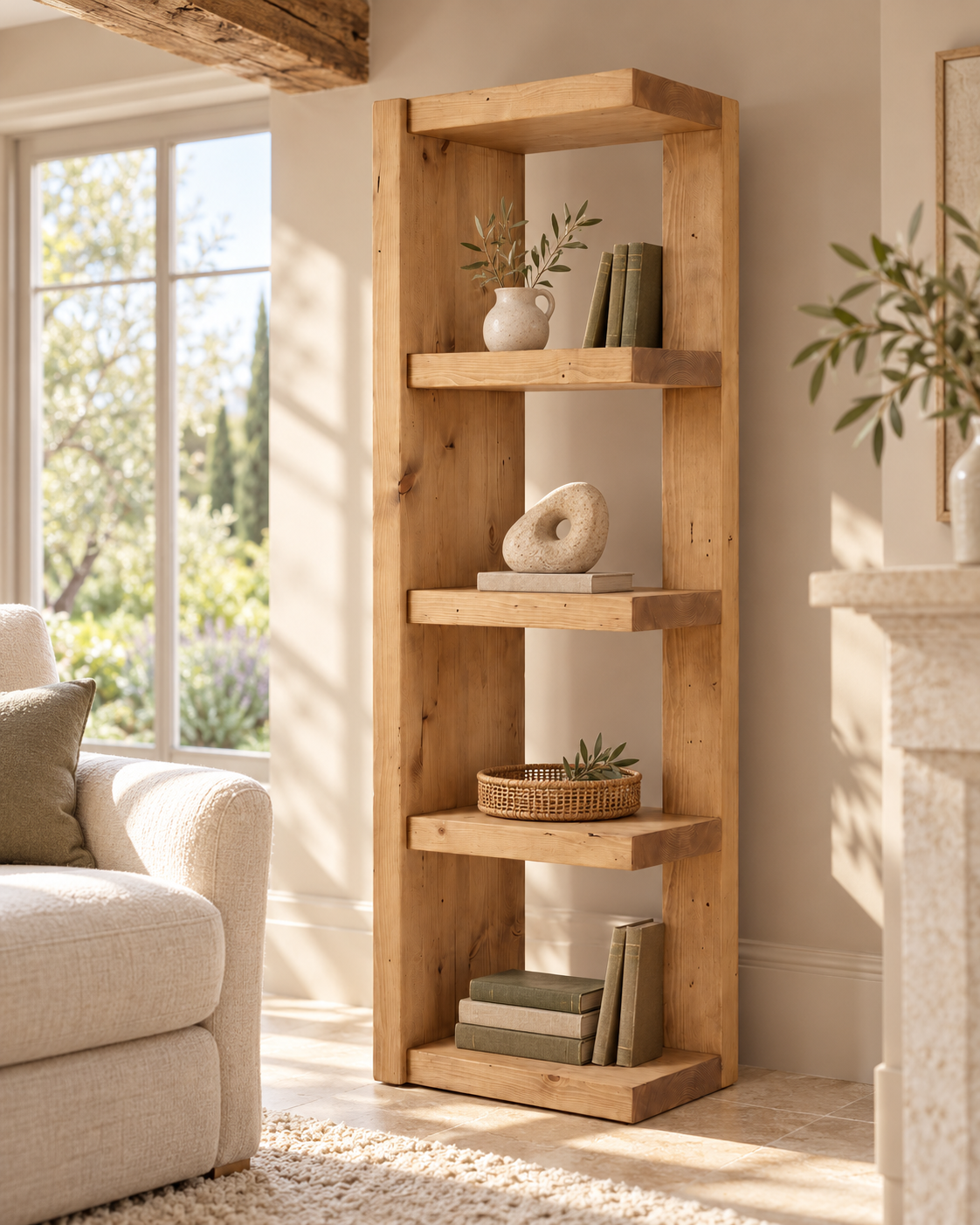 Ely Light Oak Colour Solid Wood Corner Bookshelf – Open Bookcase, Rustic Scandinavian Design