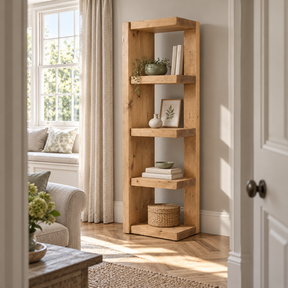 Ely Light Oak Colour Solid Wood Corner Bookshelf – Open Bookcase, Rustic Scandinavian Design