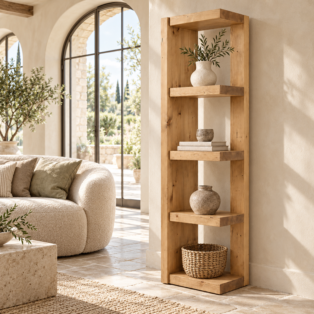 Ely Light Oak Colour Solid Wood Corner Bookshelf – Open Bookcase, Rustic Scandinavian Design