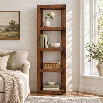 Ely Walnut Colour Solid Wood Corner Bookshelf – Open Bookcase, Rustic Scandinavian Design