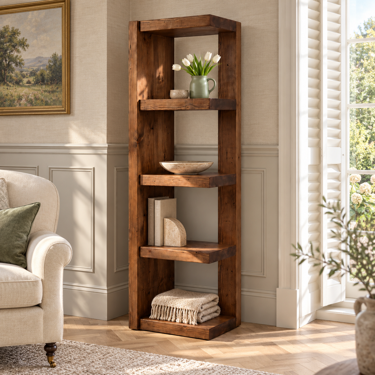 Ely Walnut Colour Solid Wood Corner Bookshelf – Open Bookcase, Rustic Scandinavian Design