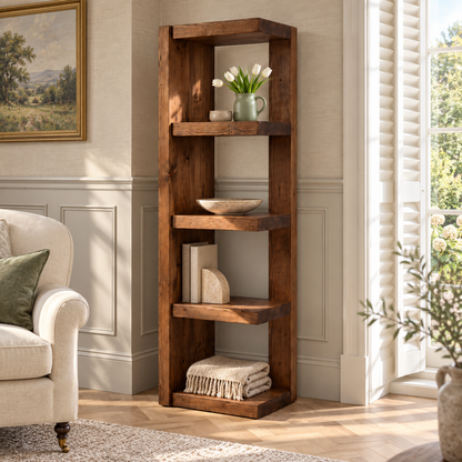 Ely Walnut Colour Solid Wood Corner Bookshelf – Open Bookcase, Rustic Scandinavian Design
