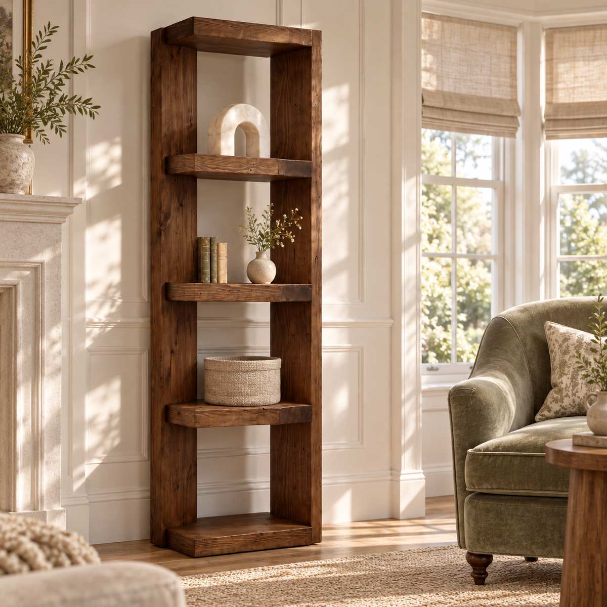 Ely Walnut Colour Solid Wood Corner Bookshelf – Open Bookcase, Rustic Scandinavian Design