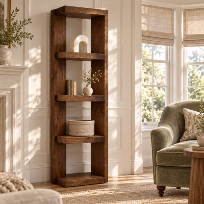 Ely Walnut Colour Solid Wood Corner Bookshelf – Open Bookcase, Rustic Scandinavian Design