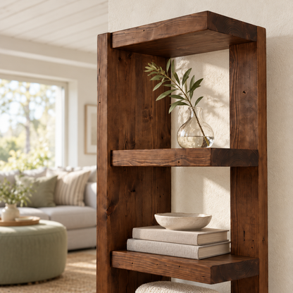 Ely Walnut Colour Solid Wood Corner Bookshelf – Open Bookcase, Rustic Scandinavian Design